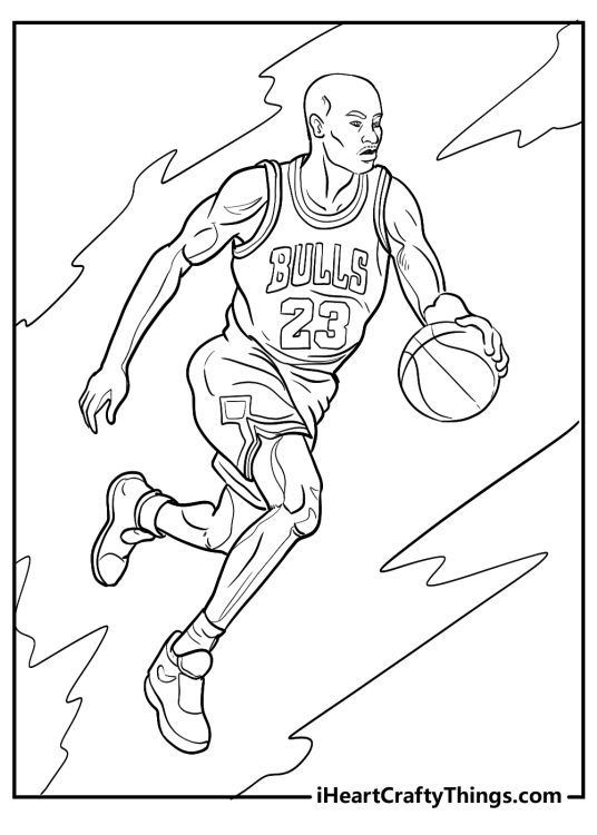 Coloring picture of a Michael Jordan running with a ball with an intense look on his face