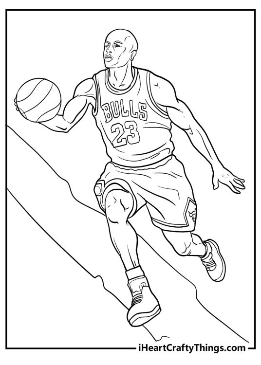 Coloring printable depicting a moment right before Michael Jordan goes for a hoop during game