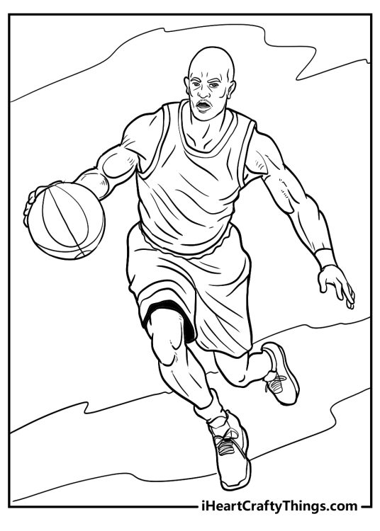 Free printable coloring page for kids featuring Michael Jordan on the move with the ball