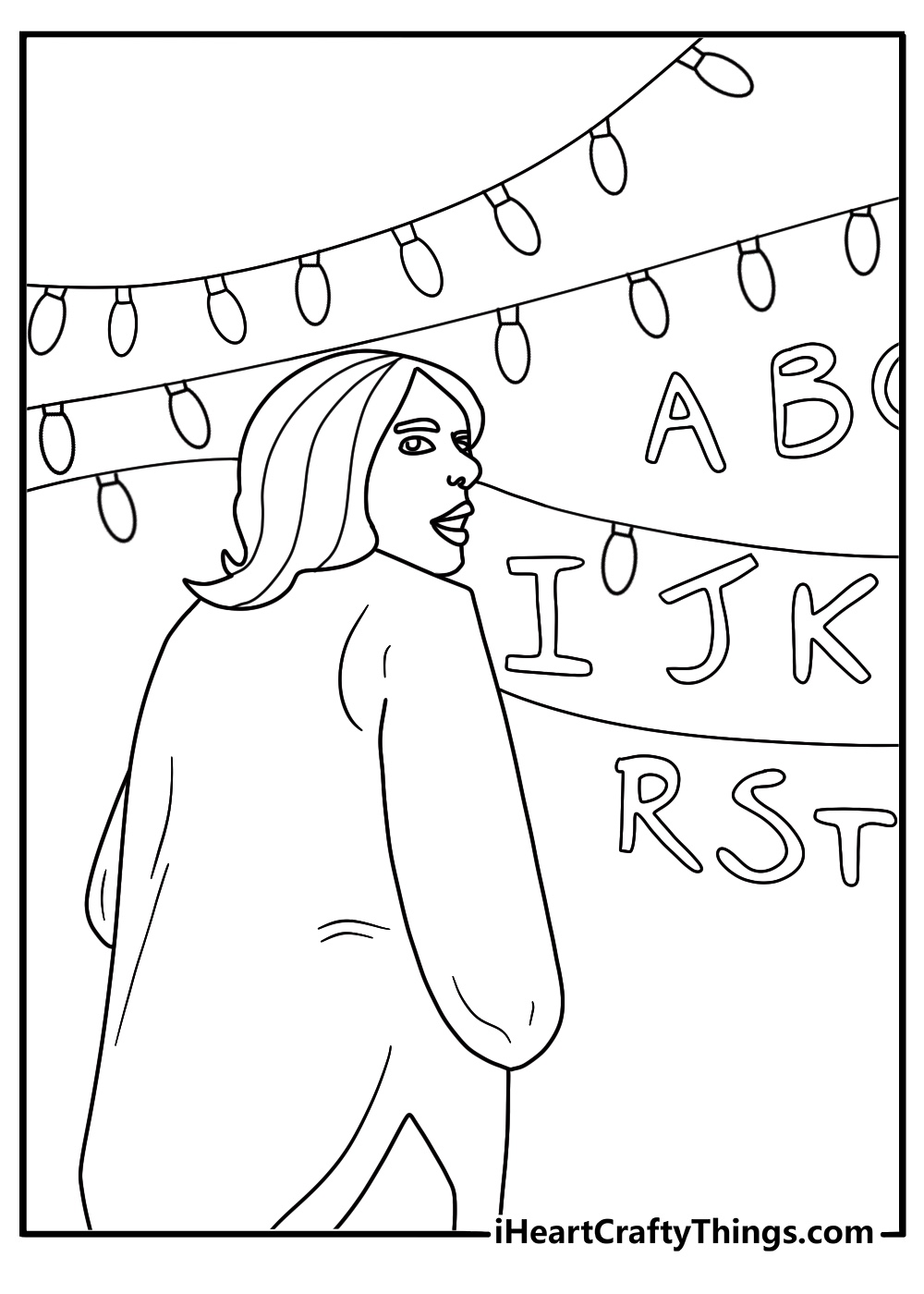 Joyce Byers standing by alphabet wall with Christmas lights detailed