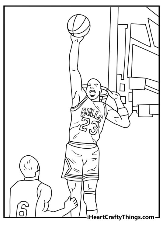Kids can color Jordan blocking a shot near the basket