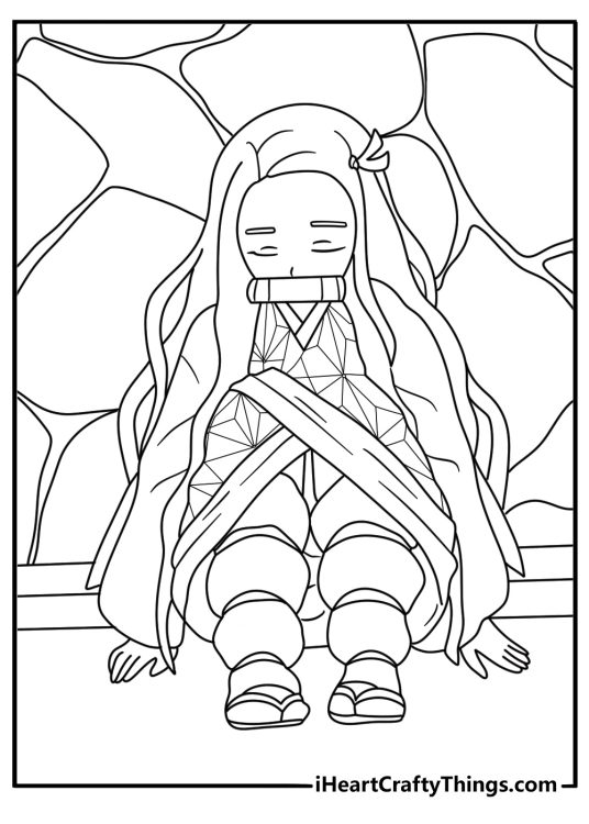 Kids can color Nezuko resting inside a dark cave before sunrise
