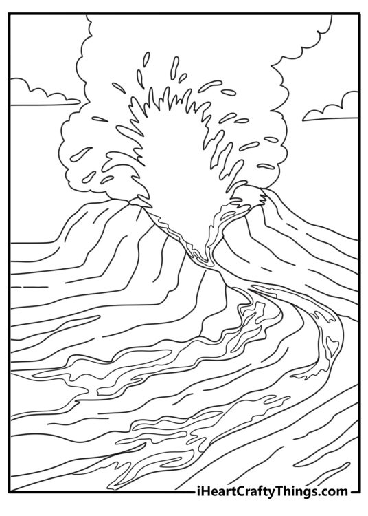Kilauea lava flow with steam clouds advanced Hawaii coloring page for adults