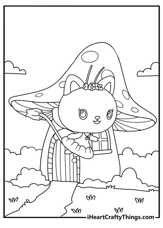 Kitty Fairy flying near mushroom house in garden Gabby cat coloring page