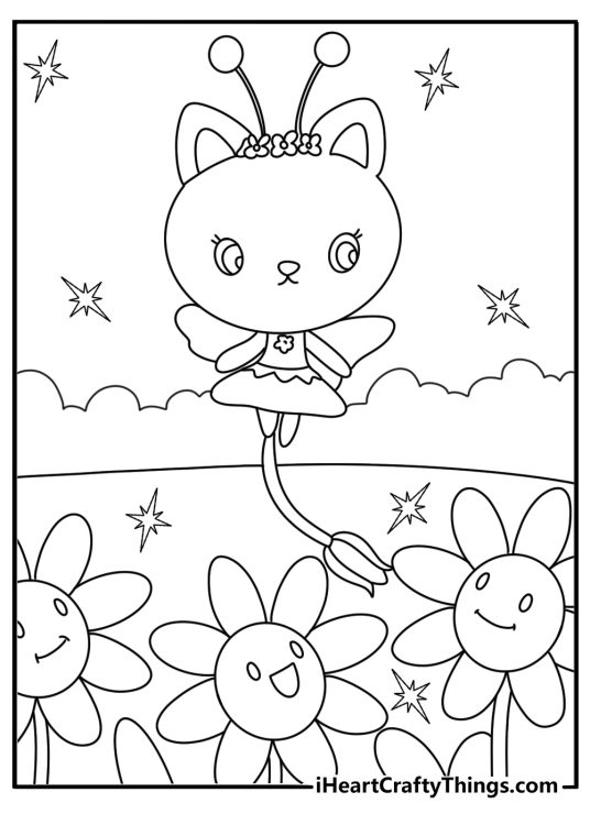 Kitty Fairy sprinkling magic dust over flower garden cute coloring page for kids
