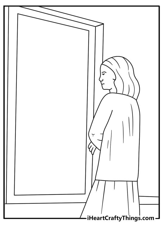 Laurie Strode spots Michael outside a classroom window in this detailed coloring page