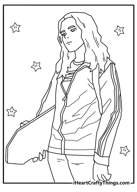 Max Mayfield with cassette player and skateboard Starcourt vibe cute kawaii coloring sheet pdf