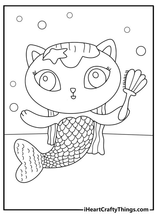 Mercat brushing long hair with pearl comb detailed Gabby cat coloring page