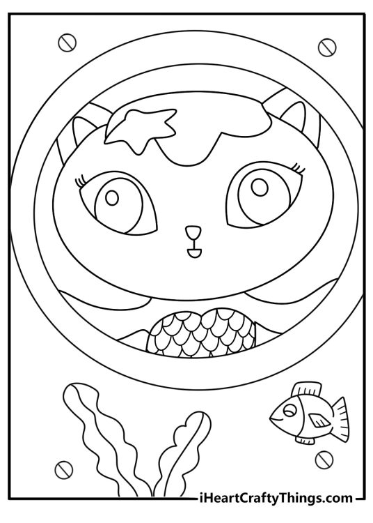 Mercat looking through round submarine window detailed coloring page for kids