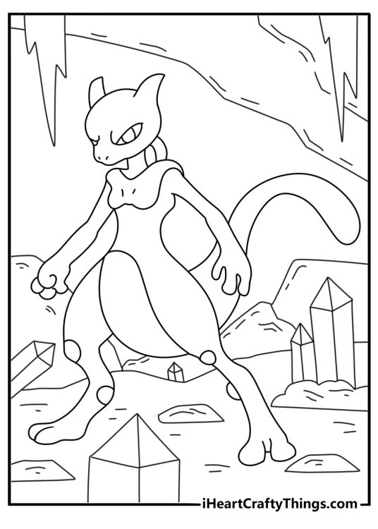 Mewtwo coloring page for kids with Mewtwo in a cave near crystal rocks