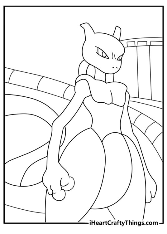 Mewtwo coloring pages scene with Mewtwo leaving a cloning lab