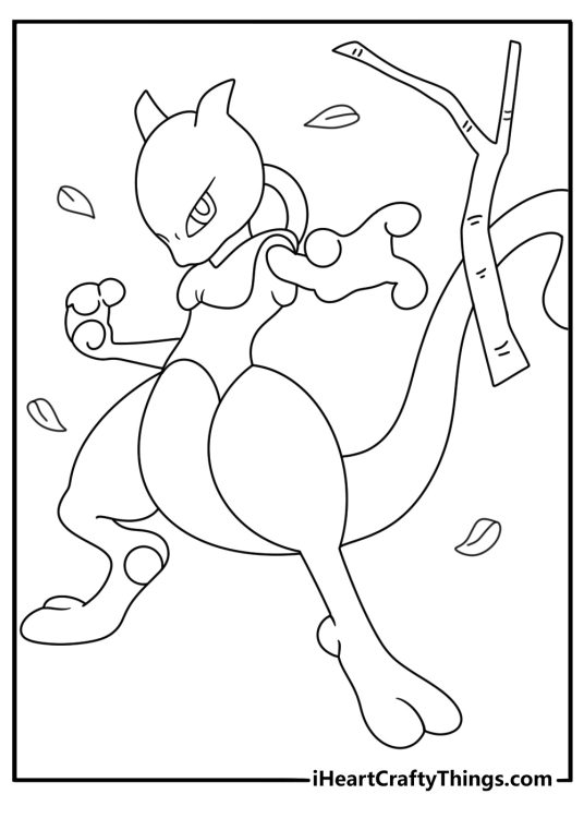 Mewtwo coloring printable with Mewtwo lifting a tree branch by telekinesis