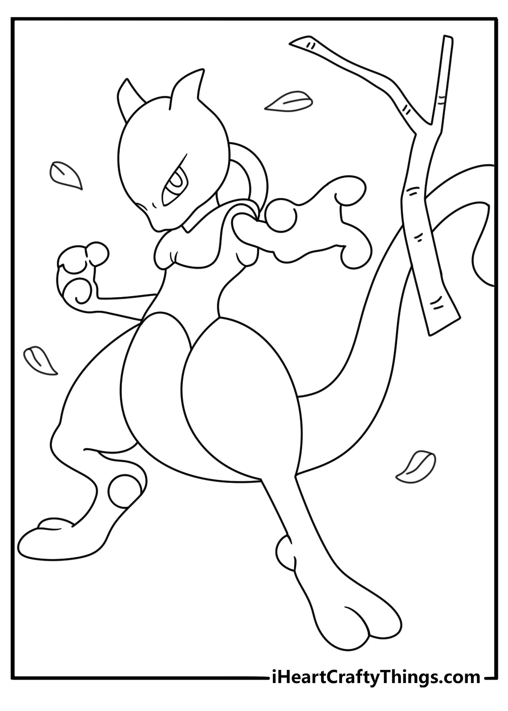 Mewtwo coloring printable with Mewtwo lifting a tree branch by telekinesis