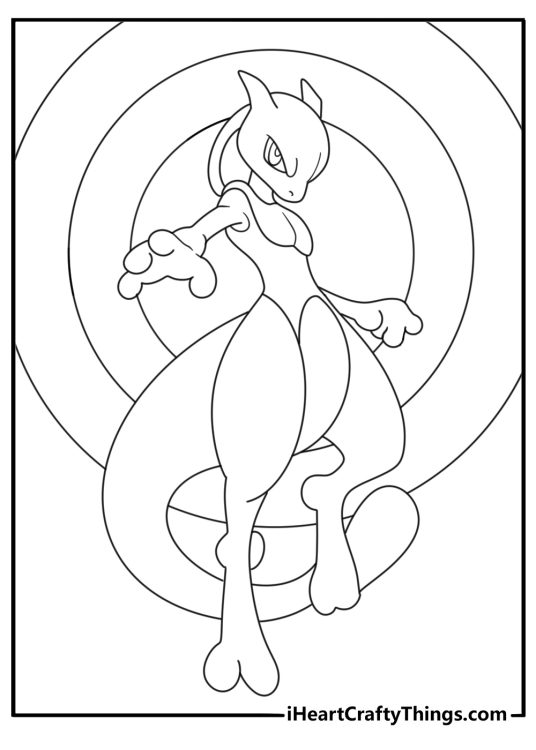 Mewtwo coloring sheet for adults with energy rings behind Mewtwo