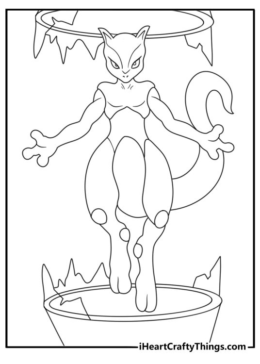 Mewtwo coloring sheet with Mewtwo standing beside broken glass tubes