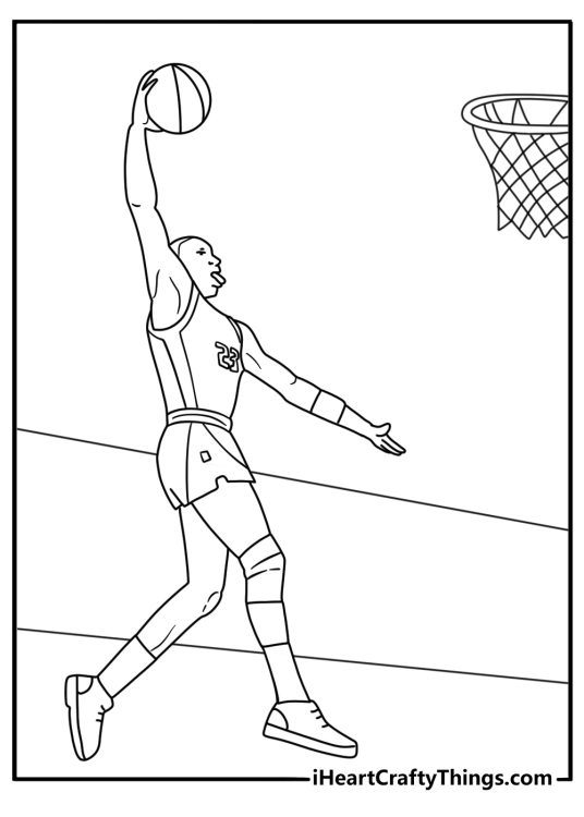 Michael Jordan coloring page for kids featuring a layup near the backboard
