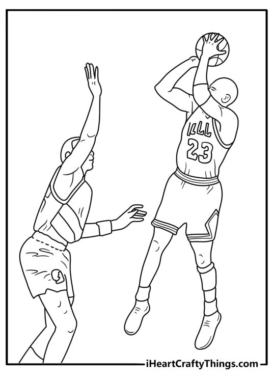 Michael Jordan coloring page showing a fadeaway shot over a defender
