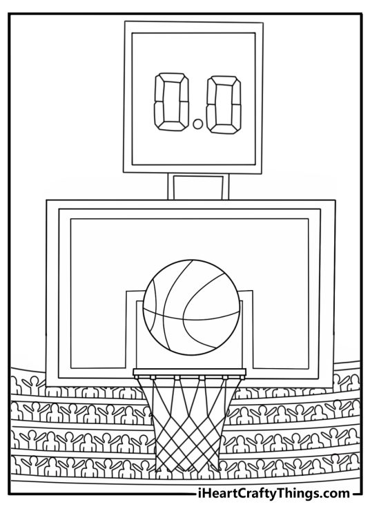 Michael Jordan coloring pages scene featuring a scoreboard and packed arena