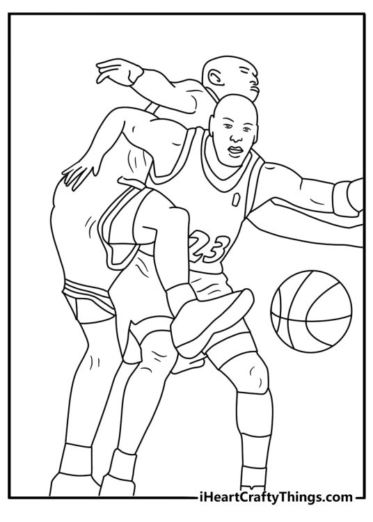 Michael Jordan guards an opponent in this detailed basketball sheet