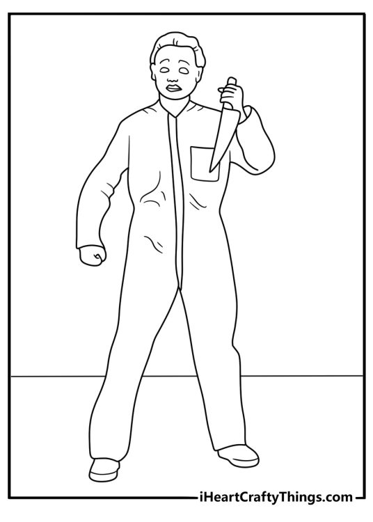 Michael Myers coloring page featuring his dark coveralls and pale mask