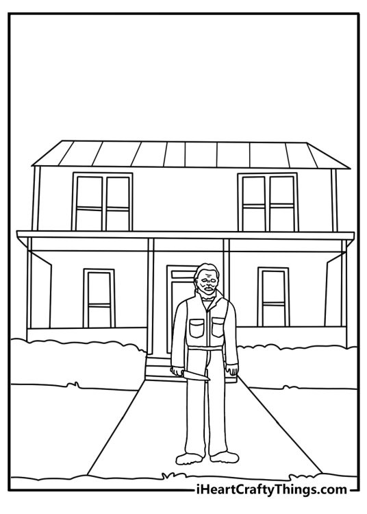 Michael Myers coloring page showing him standing outside the Myers house in Haddonfield
