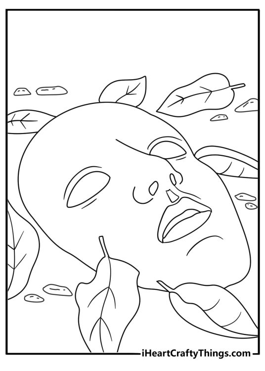Michael Myers coloring pages scene featuring his white mask beside autumn leaves