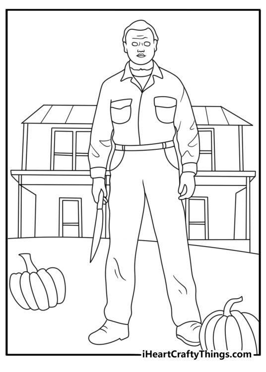 Michael Myers watches from across the street in this simple Halloween coloring sheet