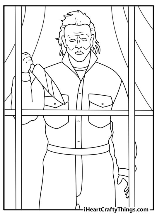Michael appears behind a bedroom curtain in this creepy coloring page