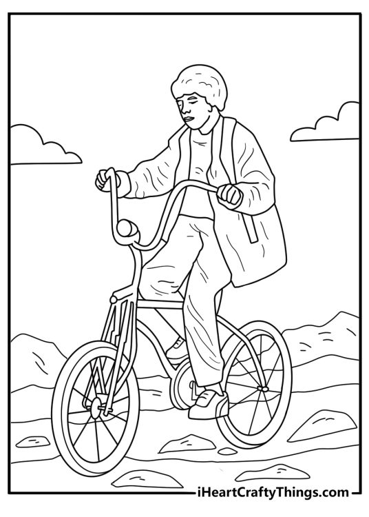 Mike Wheeler riding a bike with a walkie talkie classic printable coloring sheet
