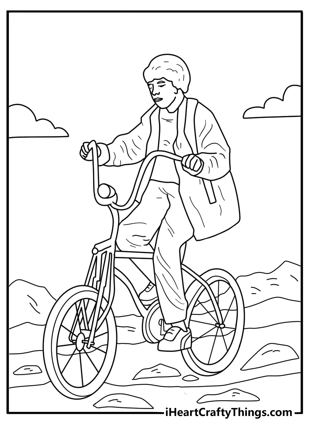 Mike Wheeler riding a bike with a walkie talkie classic printable coloring sheet
