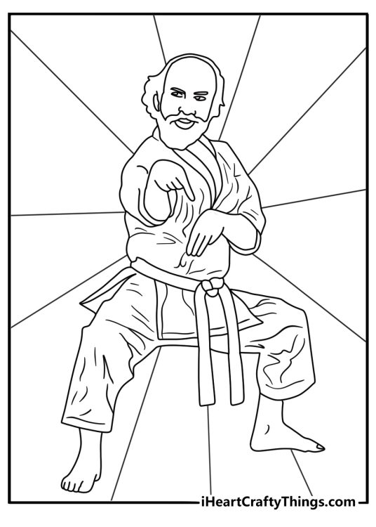 Murray Bauman in karate stance with glasses quirky coloring page for adults
