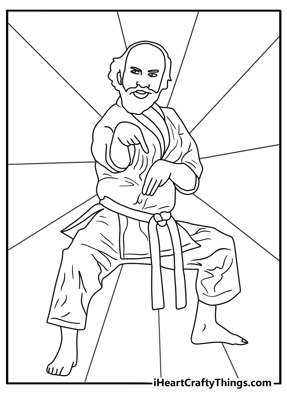 Murray Bauman in karate stance with glasses quirky coloring page for adults