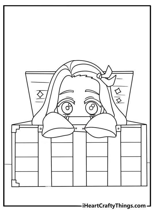 Nezuko coloring page showing her peeking from a wooden travel box