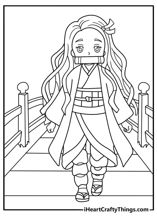 Nezuko coloring pages scene featuring her crossing a wooden bridge at night