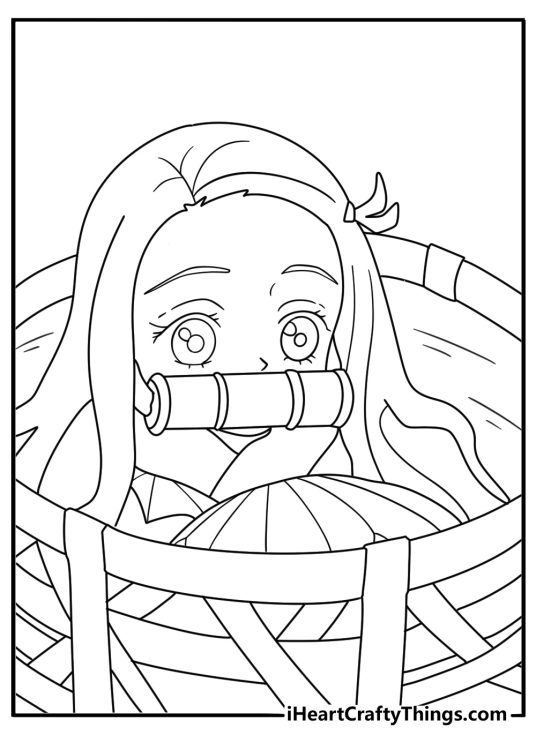 Nezuko hides beneath a wide straw hat in an easy anime printable