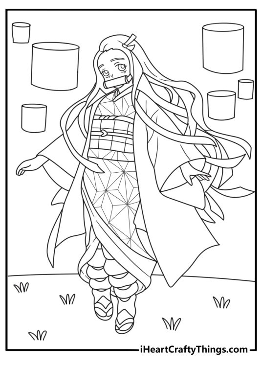 Nezuko stands beside a paper lantern in this detailed coloring printable