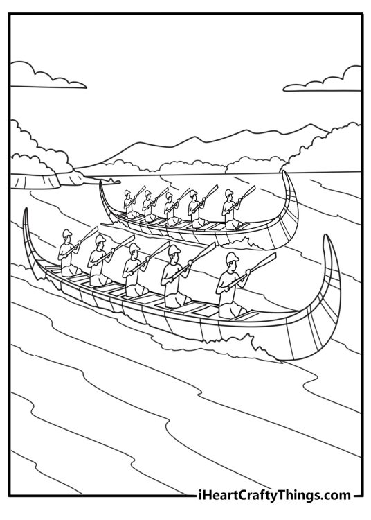 Outrigger canoe paddlers on open ocean printable coloring sheet for kids