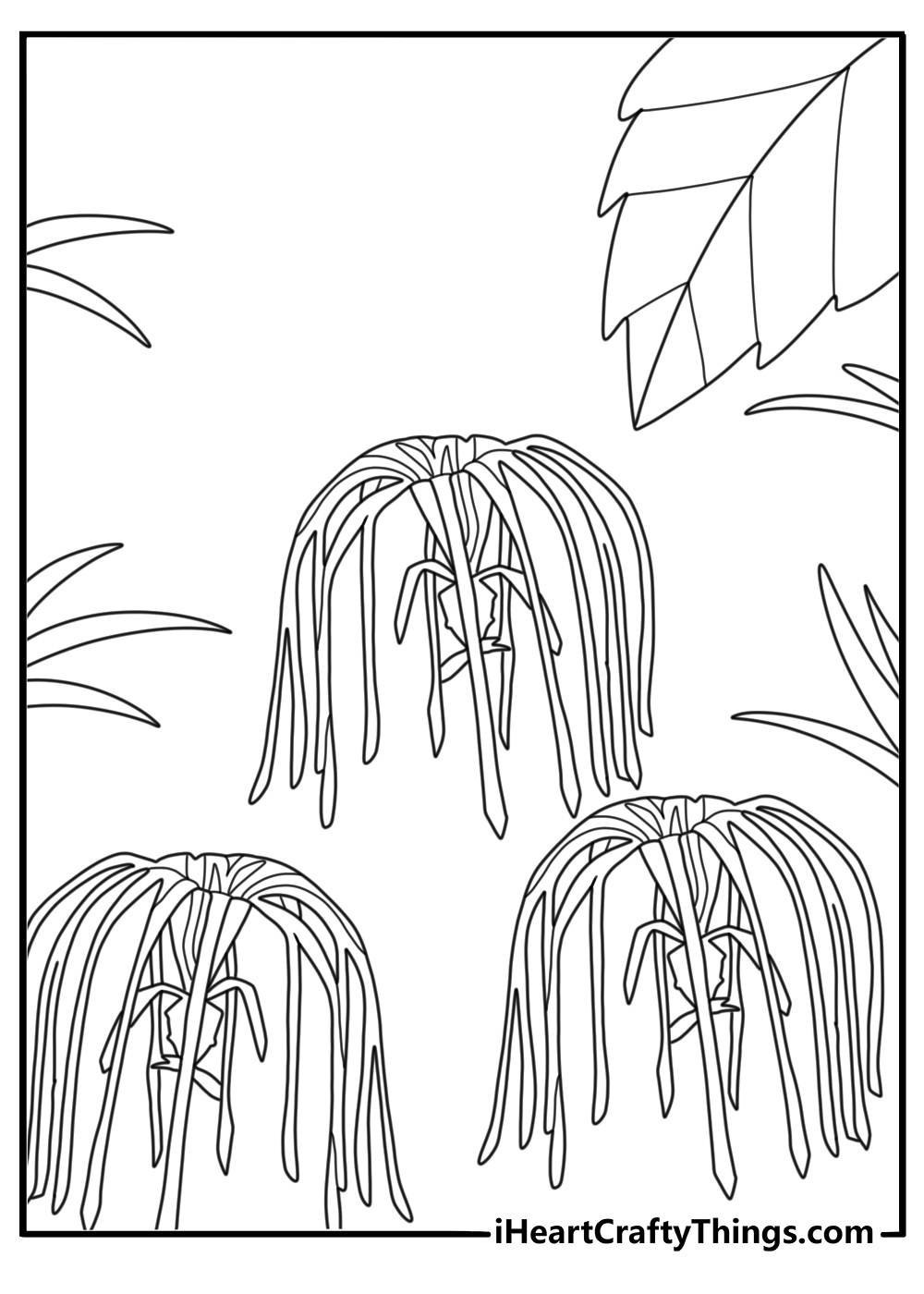 Pandora jungle scene with glowing plants and roots detailed coloring sheet for adults