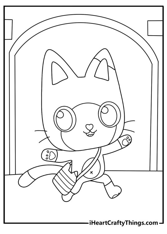 Pandy Paws exploring secret tunnel behind dollhouse wall printable coloring sheet