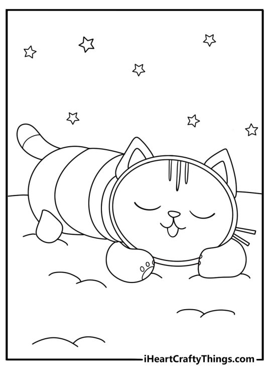 Pillow Cat stacking soft pillows in cozy sleep room cute coloring printable