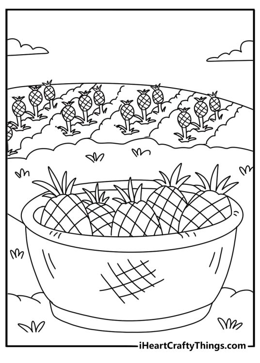 Pineapple field rows with harvest basket cute kawaii coloring page