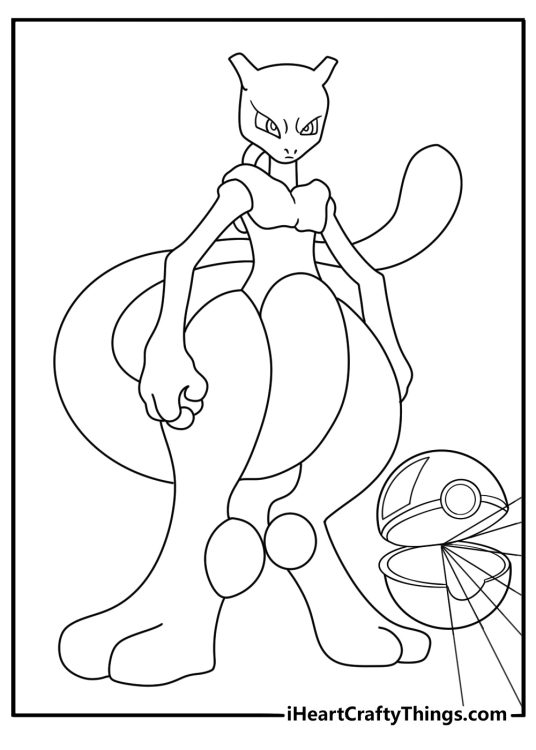 Printable Mewtwo coloring page with Mewtwo and a glowing Pokeball