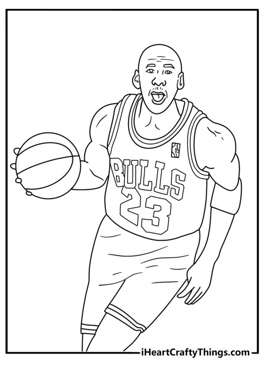 Printable Michael Jordan coloring sheet featuring his tongue out during play