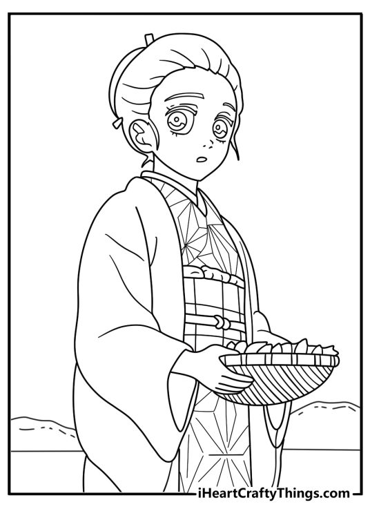 Printable Nezuko coloring page showing her carrying a basket of herbs