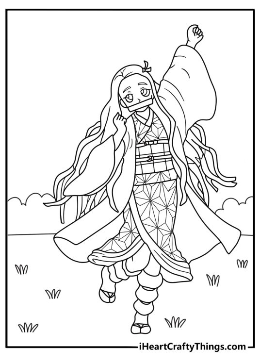 Printable Nezuko coloring page with her patterned kimono and ribbon sash