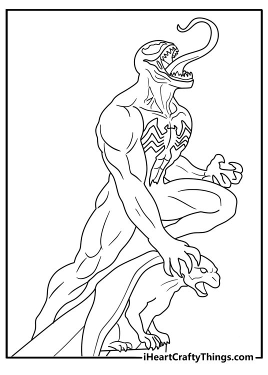 Printable Venom coloring page with Venom perched above a street alley