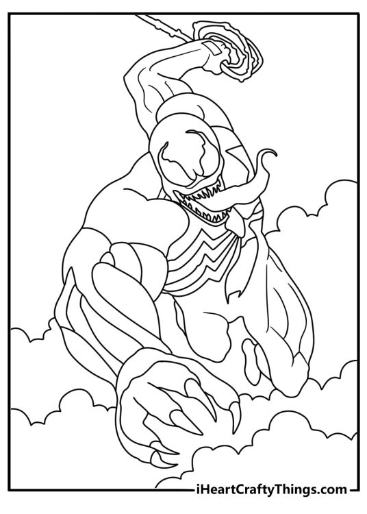 Printable coloring page of Venom swinging from black web lines