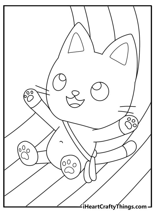 Printable coloring sheet with Pandy Paws sliding down rainbow spiral slide inside dollhouse