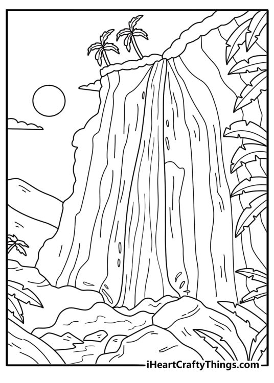 Rainbow over rainforest valley with tall waterfall relaxing coloring printable