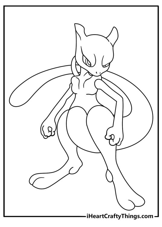 Simple Mewtwo coloring page with Mewtwo tail wrapped behind its body